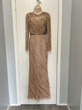 Mac Duggal sequined embellished Long-Sleeve Nude Evening Gown